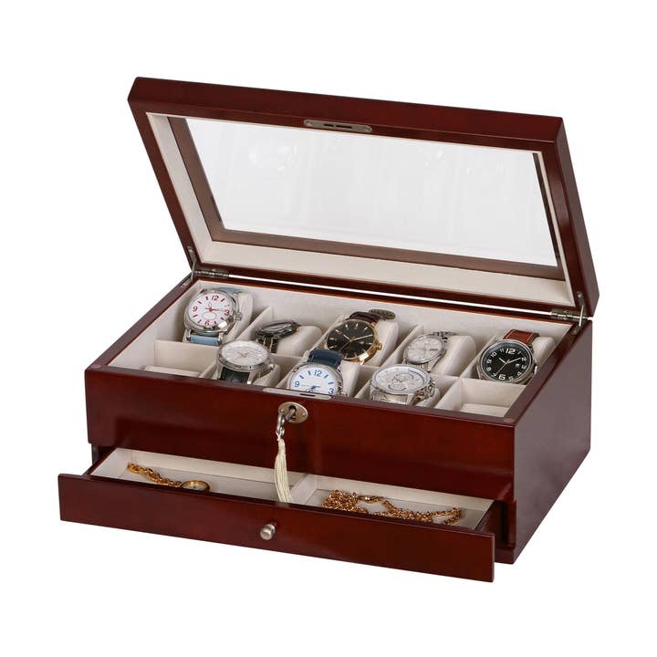 Boîte à montres en bois avec couvercle en verre verrouillable Mele and Co Christo pour la vente par Mele and Co