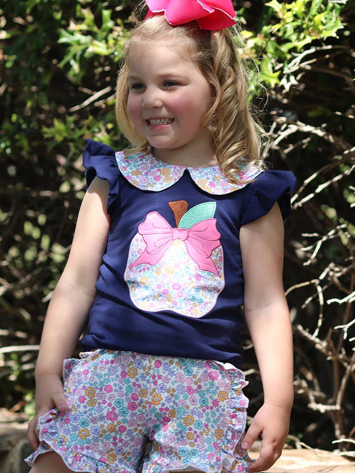 Floral apple applique top & floral ruffle shorts. OFG50718 for wholesale by Kids Charm Online