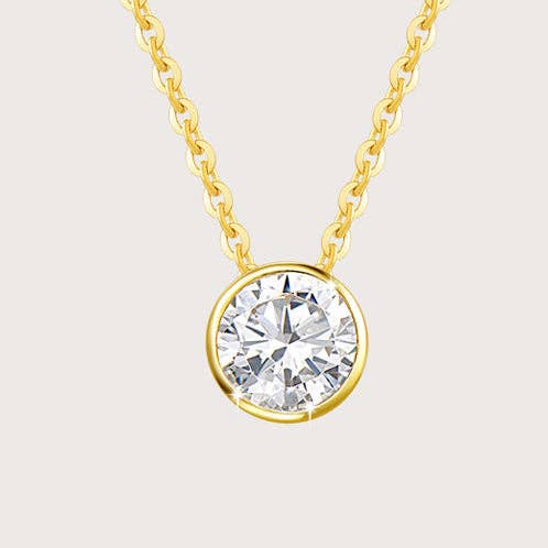 FANCIME Moissanite Bezel Set Solitaire 14K Yellow Gold Necklace for wholesale by Fanci Me Jewelry