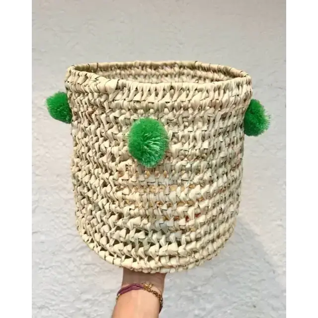 High crafty – wholesale Basket – 🧺 Handwoven Palm Leaf Basket with Colorful Wool Pom Poms1