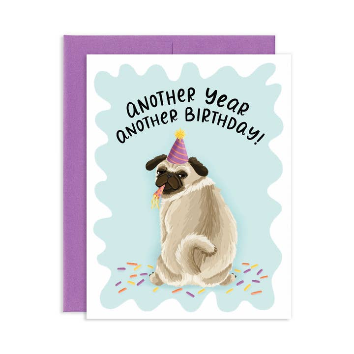 Divertida tarjeta de felicitación de cumpleaños de Pug Another Year Another para venta al por mayor de Grey Street Paper
