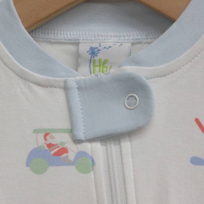Blue Santa Golf Organic Cotton Zip Christmas Pajamas for wholesale by Huckleberry Hill Kids