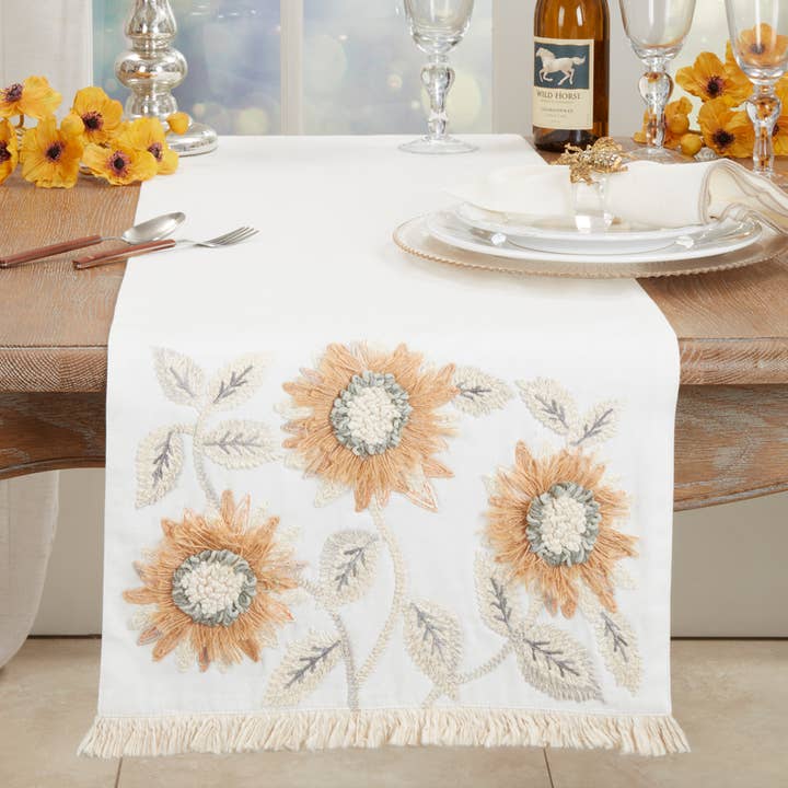 Embroidered Sunflower Cotton Table Runner for wholesale by Fennco Styles