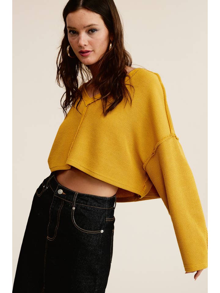 Mustard Exposed Seam V Neck Long Sleeve Oversized Sweater for wholesale on Faire