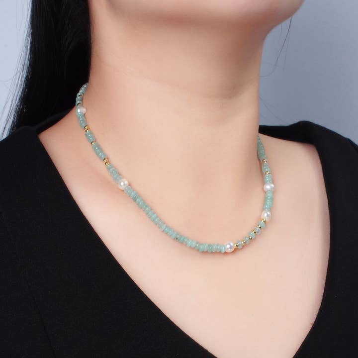 Aim Eternal - Vente Collier de perles - Collier chaîne en perles rondelles d'amazonite verte fait main avec perle d'eau douce 39,5 cm | WA25671