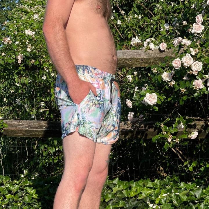 Men’s Abstract Palms Swim Trunks for wholesale by Camaroha Sutra LLC