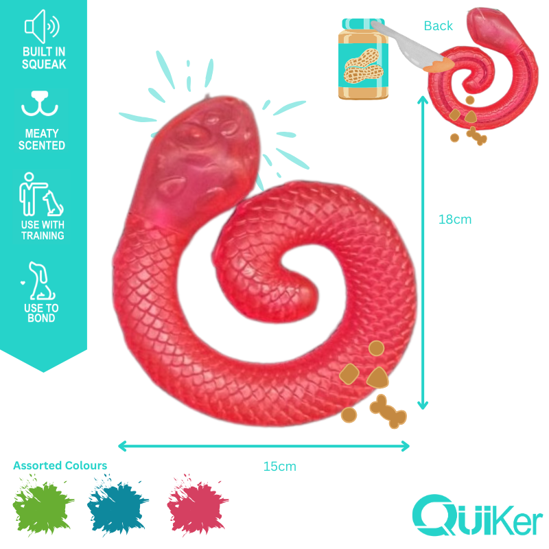 Quiker Pet Products - Vente Jouet couineur – chien - Lot de 6 serpents jouets pour chien en TPR parfum viande, jouet enroulé avec cache friandises3