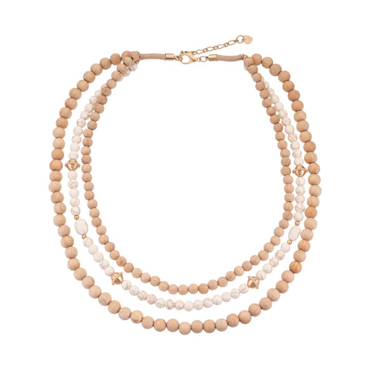 VERITY necklace w/ 3 layers of wooden & resin white beads for wholesale by Blue Scarab