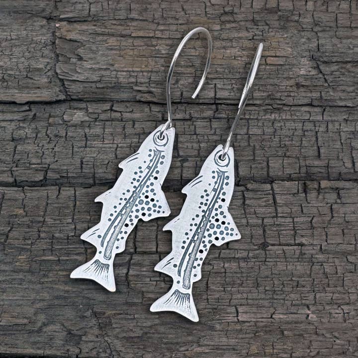 Fishing Trout Earrings – Montana Wildlife Jewelry, Matte Silver or Antique Brass for wholesale by Daphne Lorna