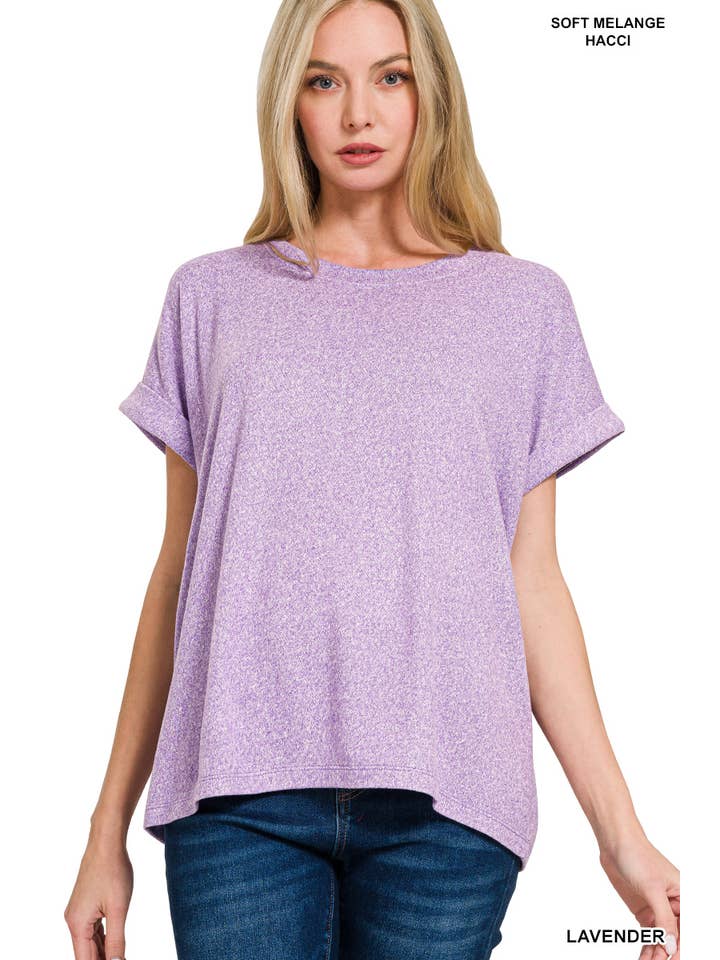 42POPS - Wholesale Knit Top - Women's - ", Soft Melange Folded Sleeve Round Neck Top