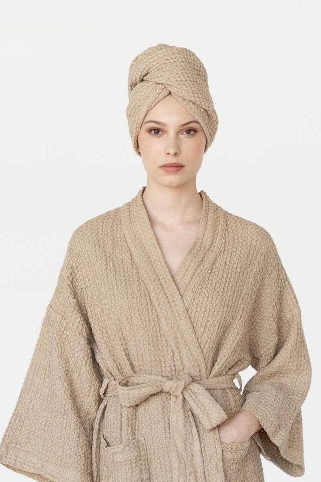 MagicLinen (We handle U.S. import procedures for you) – wholesale Hair towel/wrap – Linen waffle hair towel turban in Beige | Gift set3