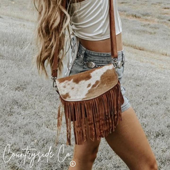 Texas Western Cowhide Bags and More - Wholesale Crossbody Bag - Women's - Sadie Cowhide and Suede Fringe Western Chic Purse, Crossbody