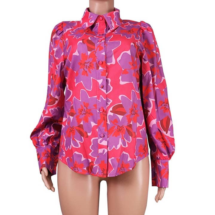 ShieldChic - Wholesale Blouse - Women's - Thin Puff Sleeves Lapel Print Blouse2