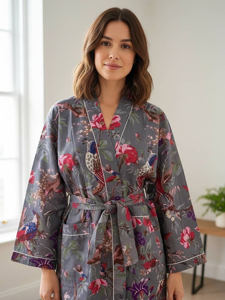 Grå blommig badrock i 100% bomull för wholesale av AMRANIS