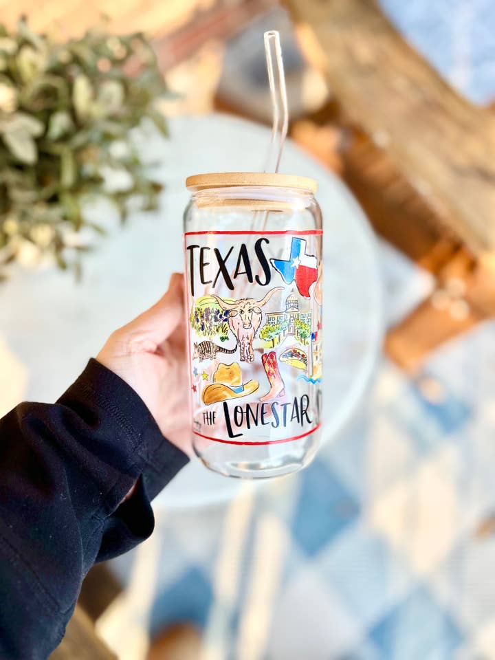 16 oz State of Texas Glassware with Bamboo Lid and Glass Straw for wholesale by Happy By Rachel, LLC