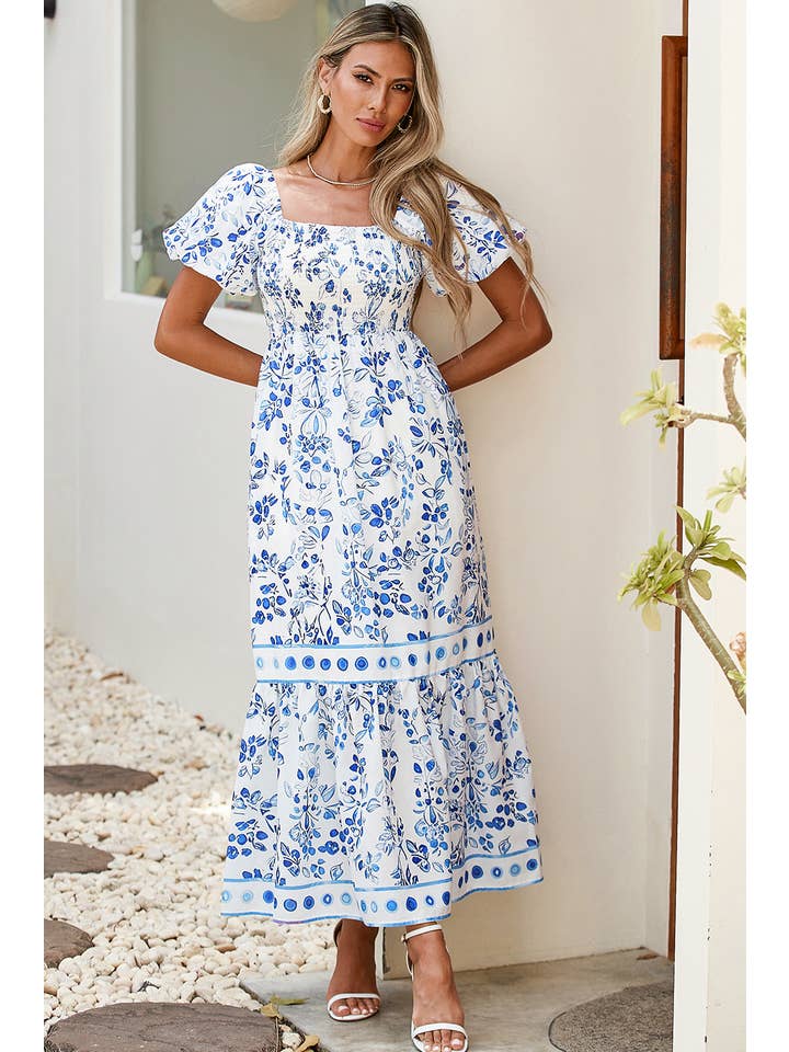 Sky Blue LDC Floral Print Square Neck Bubble Sleeve High Waist Dress for wholesale on Faire