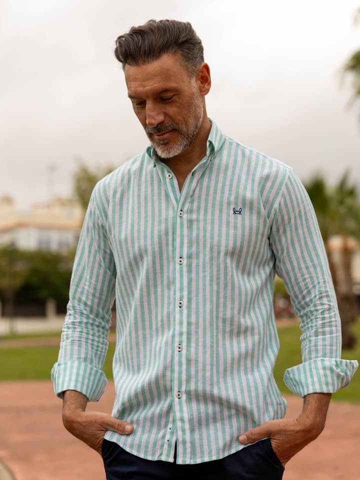 Custi Mikelo - Wholesale Button Down Shirt - Men's - Green Striped Linen Shirt | Baza