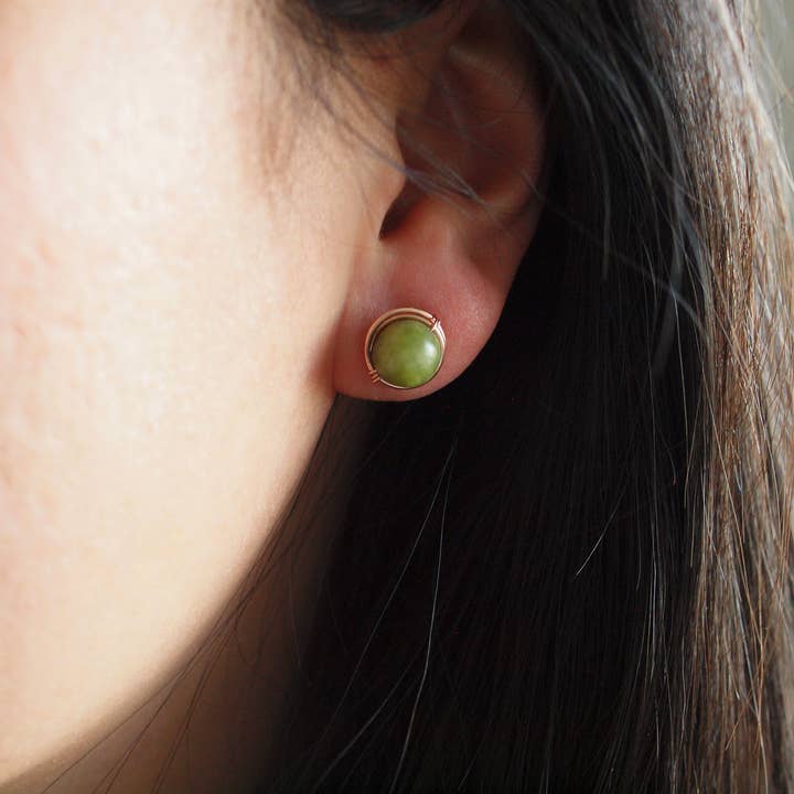 Siebijoux - Vente Clous d'oreille - boucles d'oreilles vertes clous d'oreilles jade serpentine olive en 14K