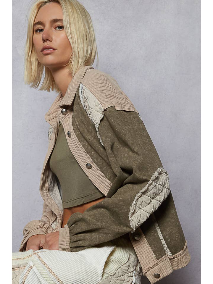 Pol Clothing - Wholesale Jacket - Women's - Floral Animal Print Contrast Color Block Quilted Jacket SALE2