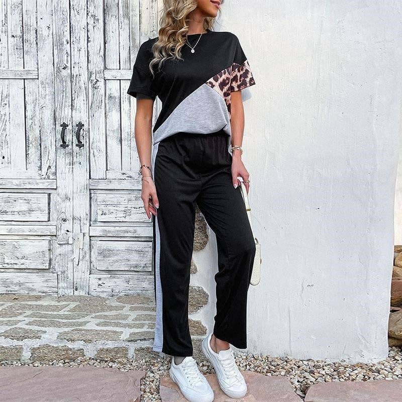 BLACK Colorblock Leopard Print T-Shirt Pants Set for wholesale on Faire0