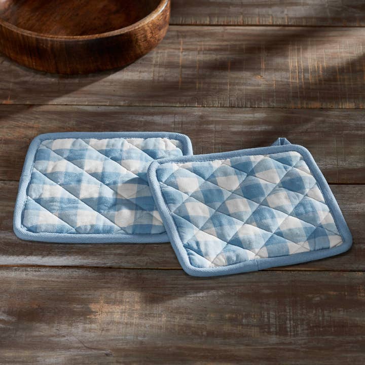 VHC Brands - Wholesale Oven Mitt/Pot Holder - Annie Buffalo Check Blue Pot Holder Set of 2 8x8