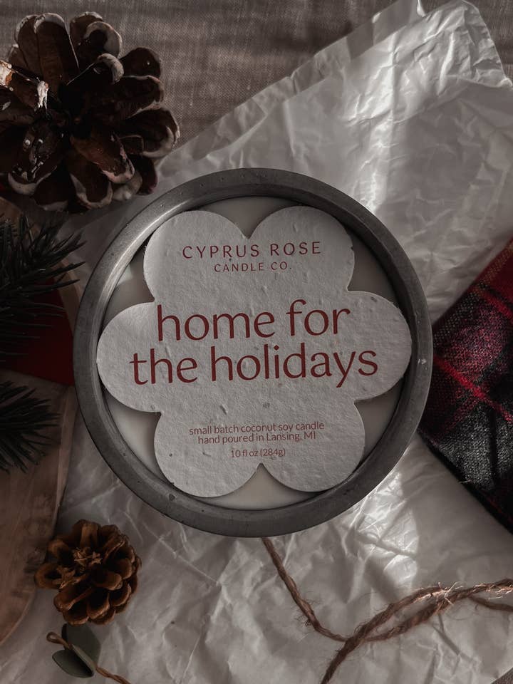 Home for the Holidays Coconut-Soy Candle- 10oz Concrete Jar for wholesale by Cyprus Rose Candle Co.