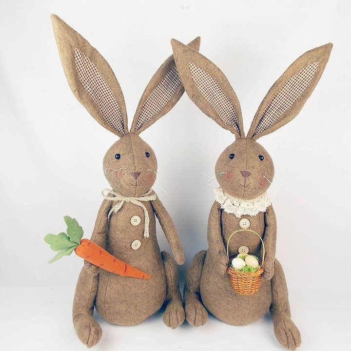 Fabric Bunny Couple with Collar & Scarf, Checkered Ears, with Carrot & Egg Basket, Brown, Sitting, Assorted, Set of 2 - 28" Tall for wholesale by Birch Maison
