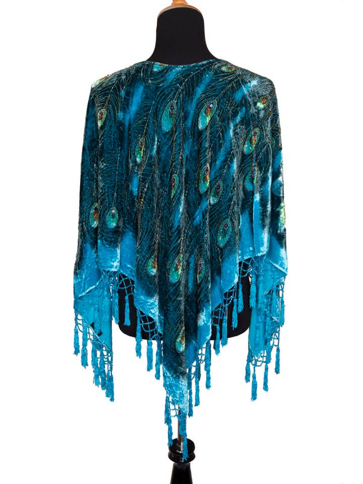 Western Fashion - Wholesale Poncho - Women's - 1725 - Velvet Peacock Poncho with beads, Black