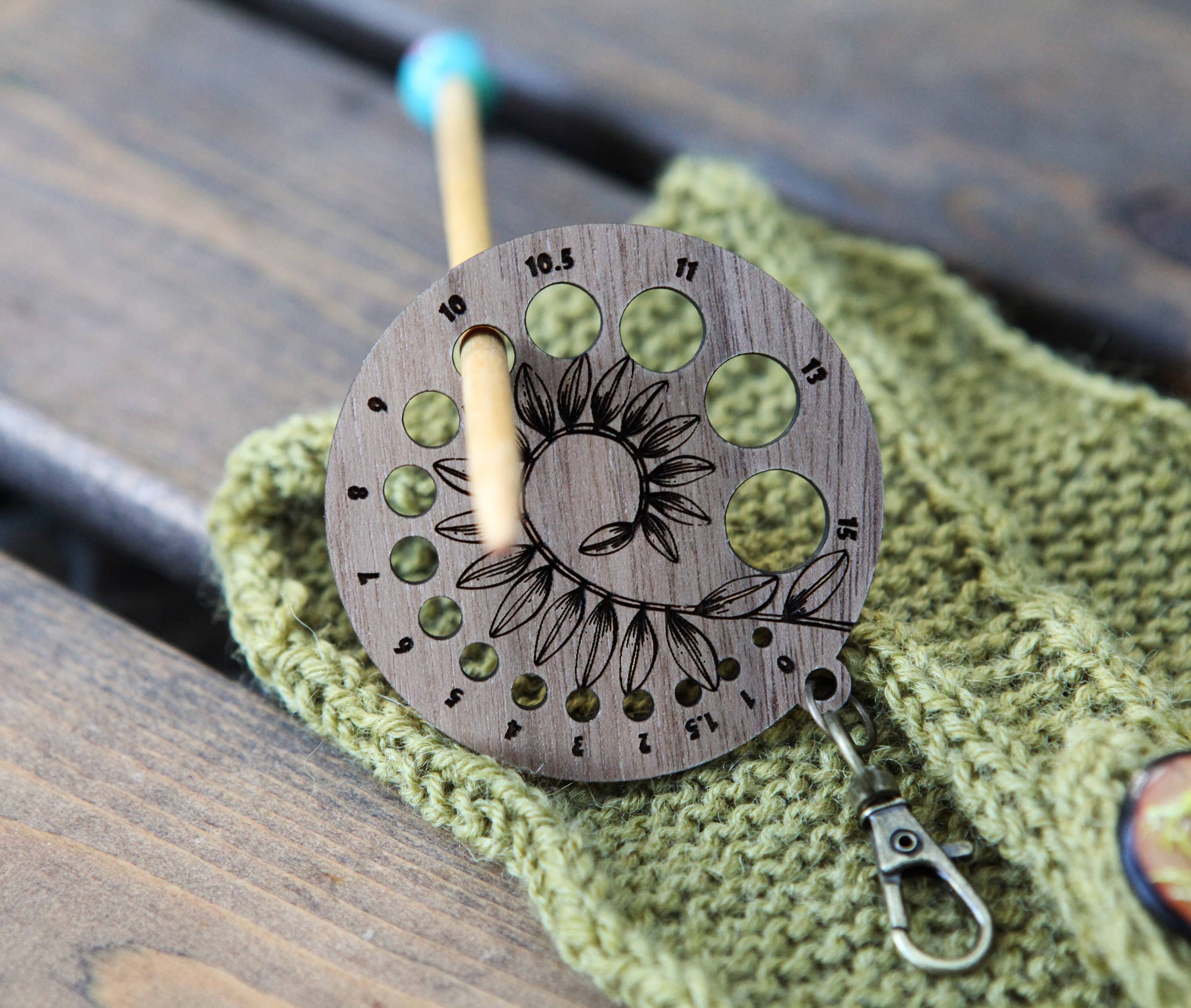 Sunrise Grove - Wholesale Knitting/Crochet Supplies - Walnut Wood Knitting Needle Gauge with Bronze Clasp1