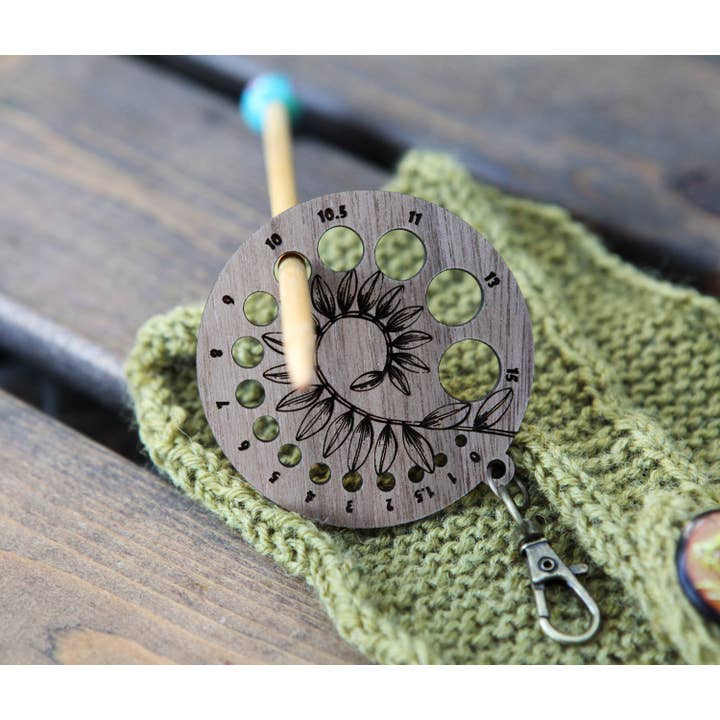 Sunrise Grove - Wholesale Knitting/Crochet Supplies - Walnut Wood Knitting Needle Gauge with Bronze Clasp1