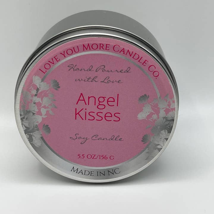 Angel kisses soy candle 8 oz tin for wholesale by Love You More Candle Company