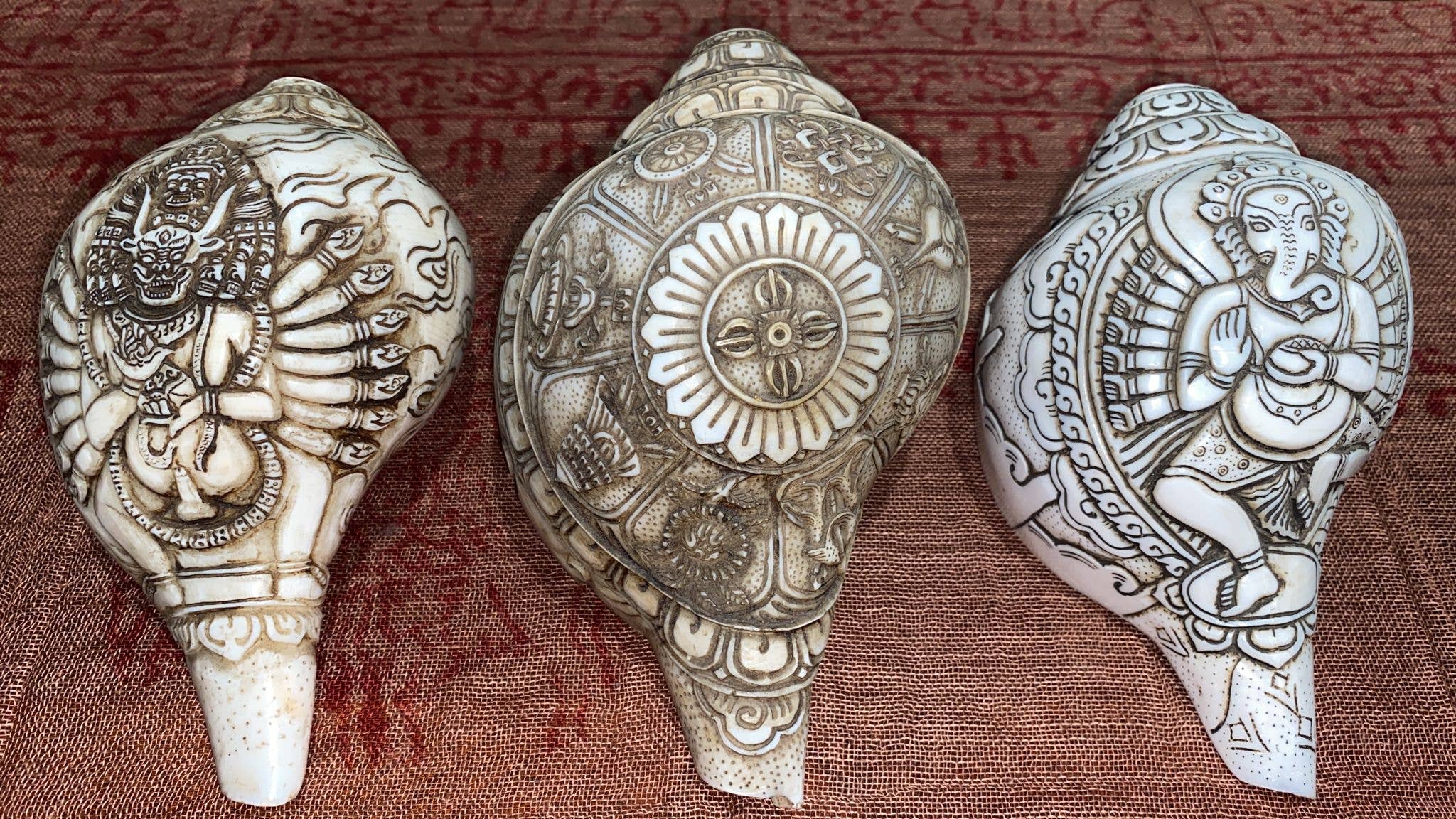 Katmandu Trading Co. - Wholesale Decorative Tabletop Object - Hand-Carved Conch Sankha Shell Assorted Iconography (L)1
