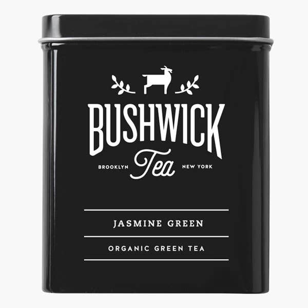 Boîte en fer blanc de thé vert au jasmin avec 15 sachets emballés individuellement pour la vente par Bushwick Teas