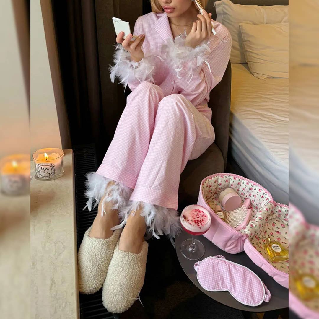 UNISHE - Vente Ensemble de vêtements d'intérieur – femme - Ensemble de pyjama à carreaux ample avec pantalon long à plumes ONK295