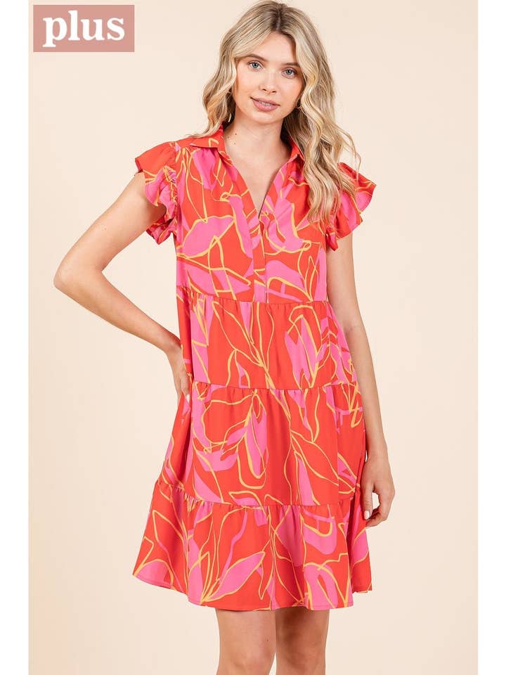 mittoshop - Wholesale Dress - Women's - PLUS LEAF PRINT RUFFLE SLEEVE TIERED MINI DRESS