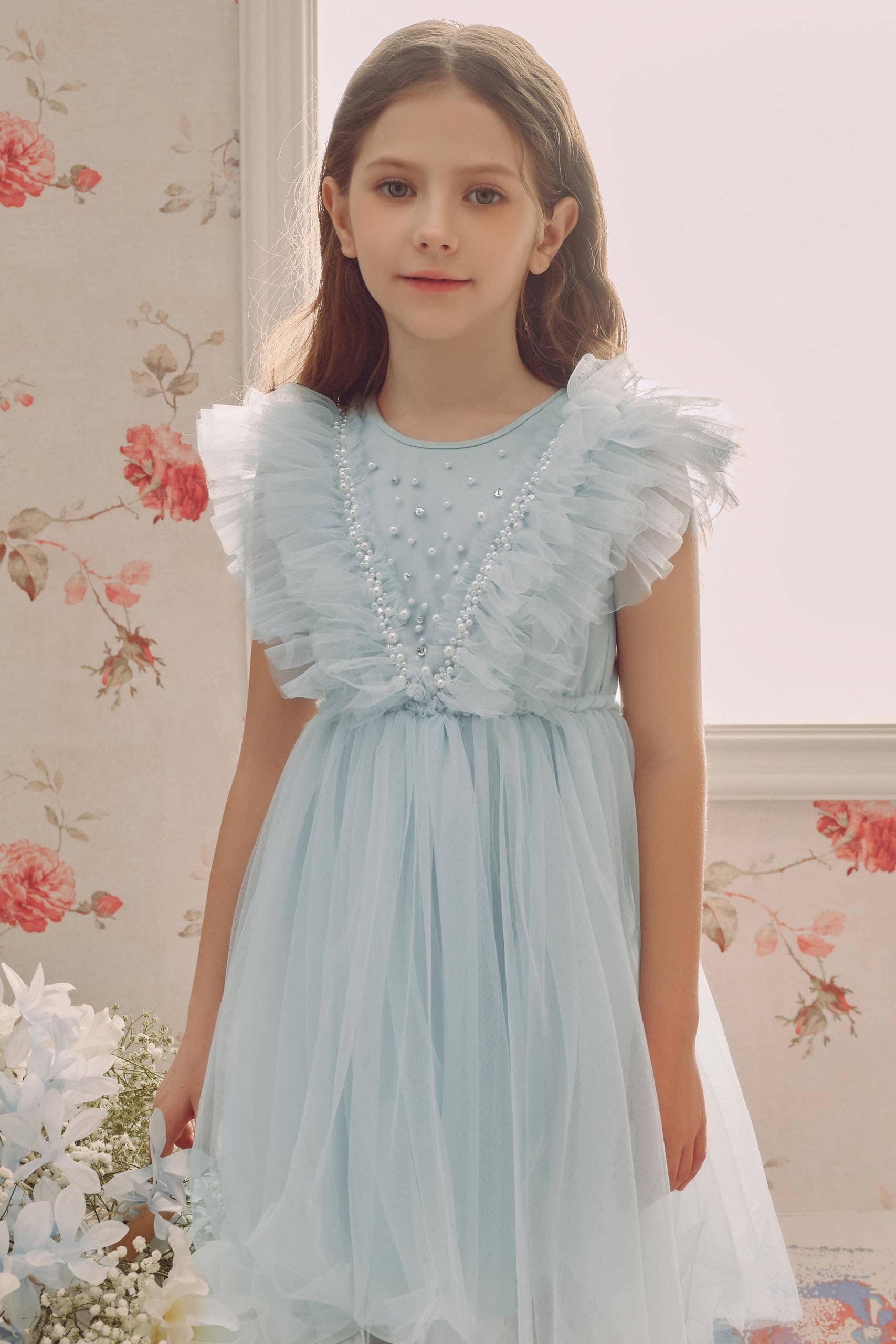 Light Blue Adorable Pearl Layered Tulle Toddler Dress for wholesale on Faire2