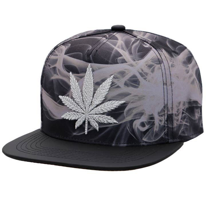 Cap Zone - Wholesale Flat Brim Cap - Men's - Metallic Marijuana Leaf Smoke PU Leather Flat Bill Snapback