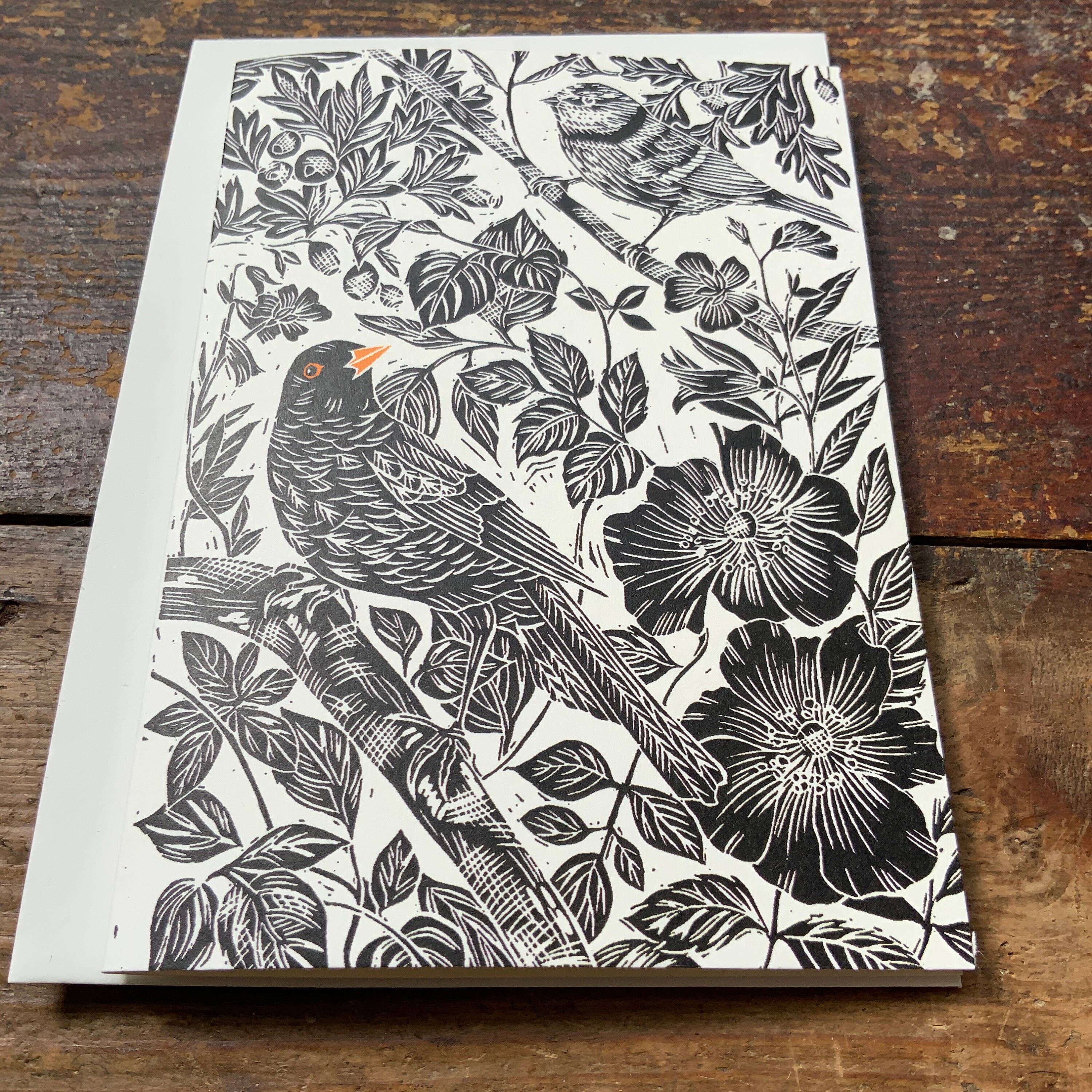 Vivienne Keable - Wholesale Everyday Greeting Card - Hedgerow Birds in Black with an Orange Pop on Cream Base. Based on an Original Linocut.4