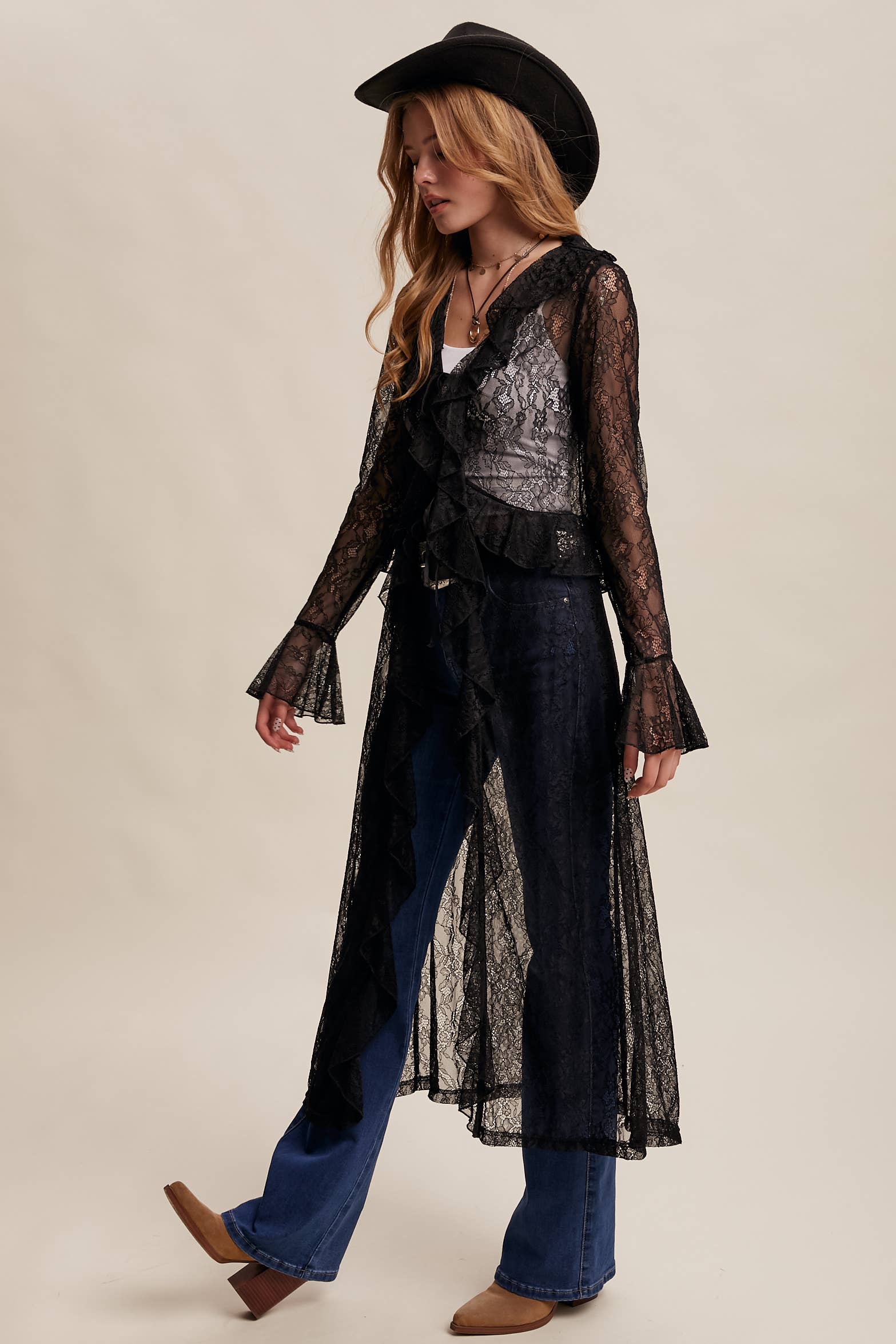 Listicle - Wholesale Kimono - Women's - Sheer Lace Ruffle Duster LJ025917