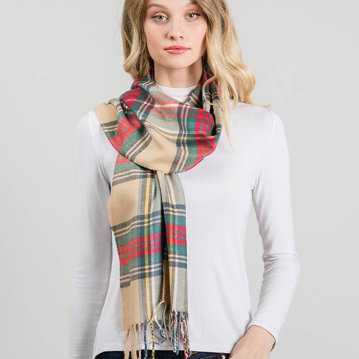 Wild Honey - Wholesale Scarf - Women's - Checkered Plaid Multi Color Oblong Fringe Scarf3