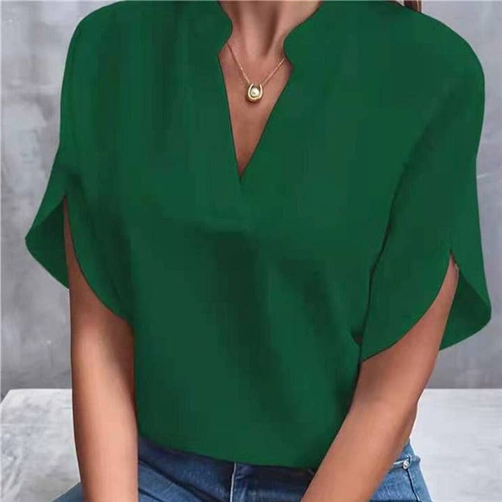 UZ Wholesale Store - Wholesale Blouse - Women's - Casual Solid Color V-Neck Short Sleeve T-Shirt