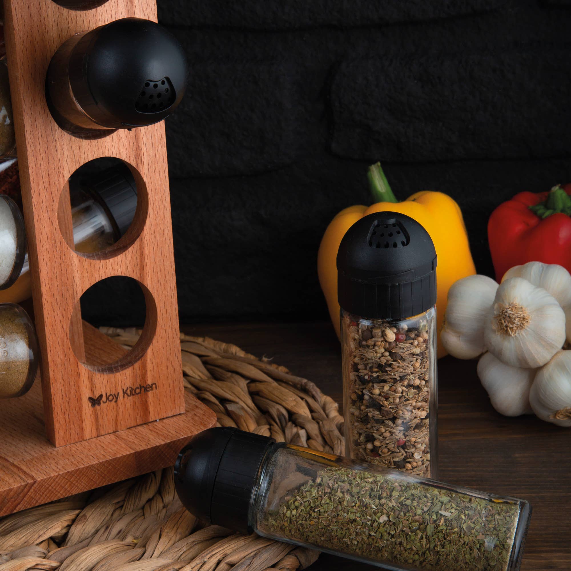 Joy Kitchen - Vendita all'ingrosso Portaspezie - Porta spezie girevole in legno con 16 barattoli in vetro2