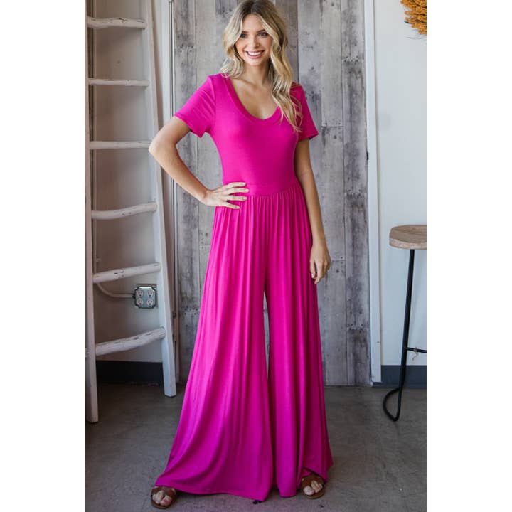 Solid Rayon Short Sleeve Wide Leg Jumpsuit for wholesale by Clothing of America