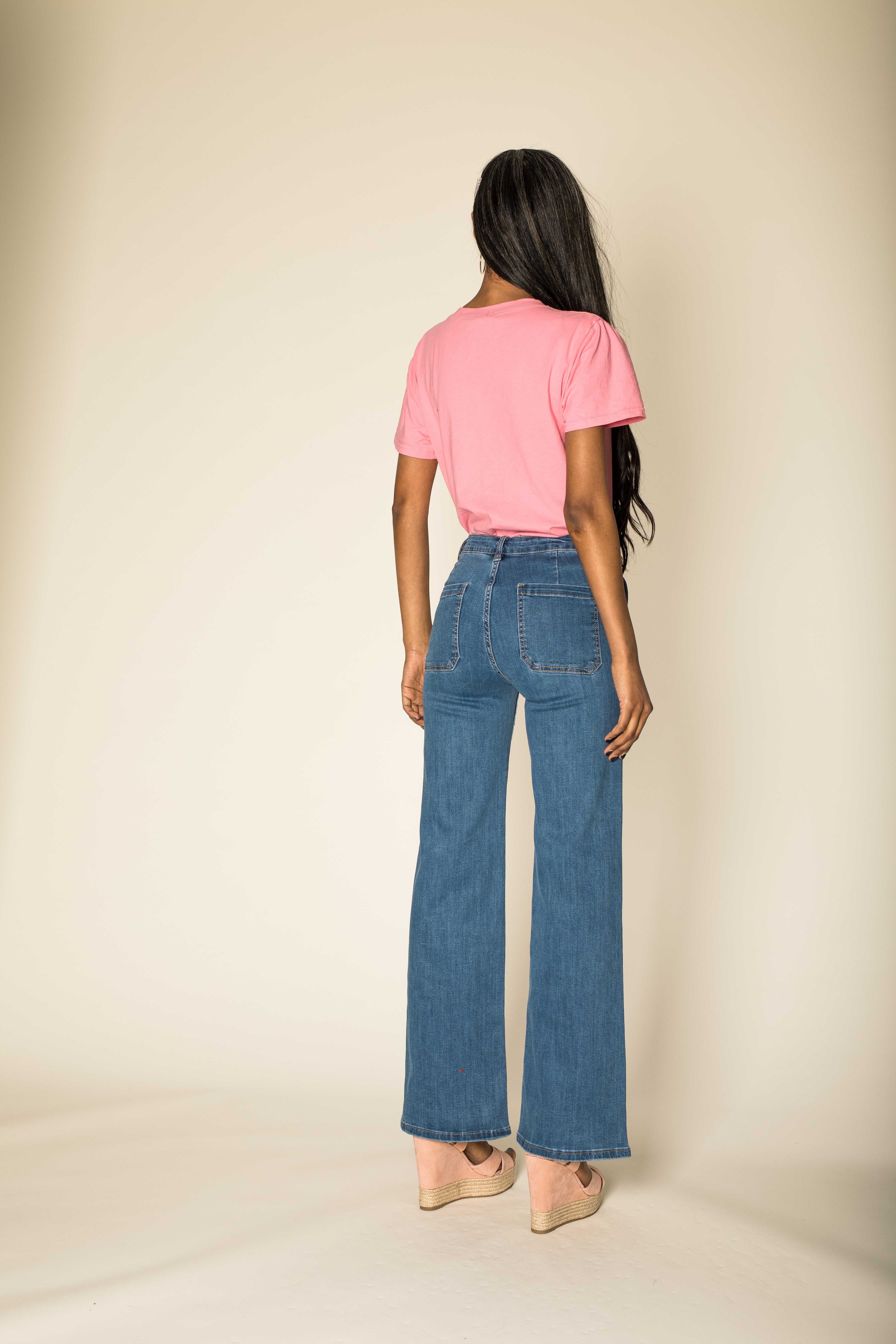 Nina Carter - Vendita all'ingrosso Jeans - Donna - Jeans svasati elasticizzati a vita alta larghi P12327