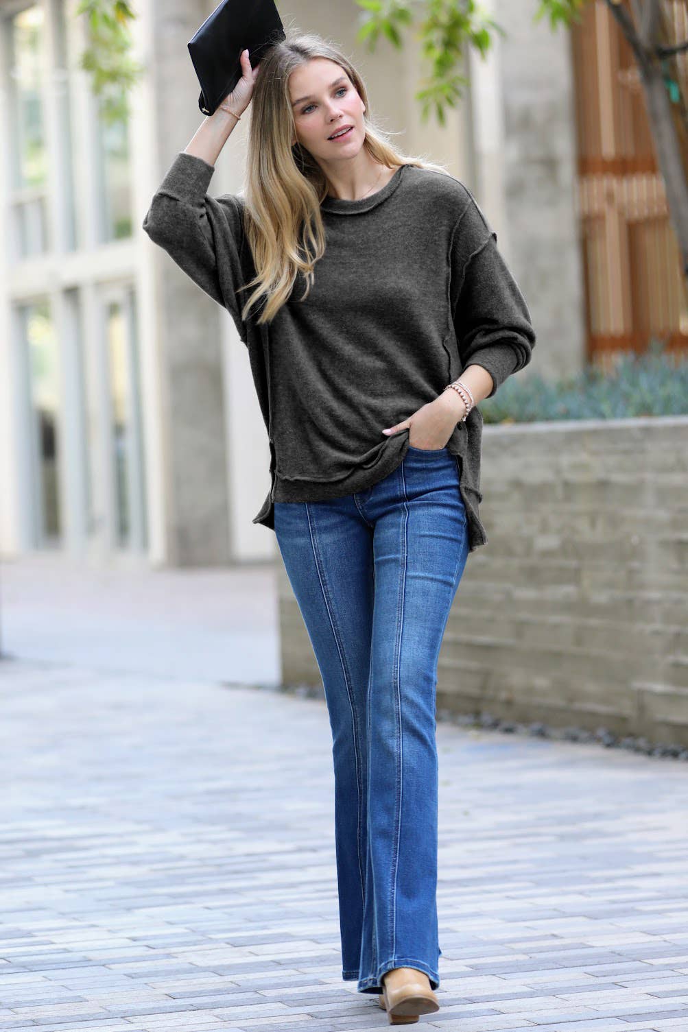 42POPS - Wholesale Knit Sweater - Women's - `.Brushed Melange Hacci Exposed Seam Sweater W/ Side15