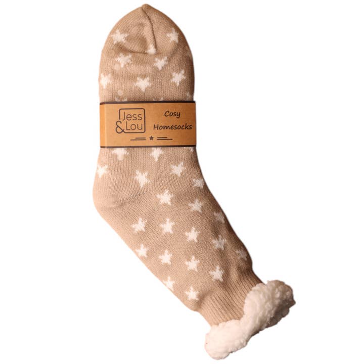Taupe with White Stars Slipper Sock SL678 for wholesale by Jess & Lou