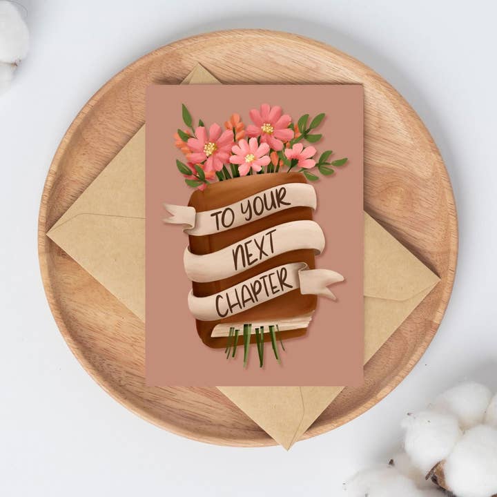 To Your Next Chapter Bookish Congratulations Card for wholesale by Serafine Art and Design
