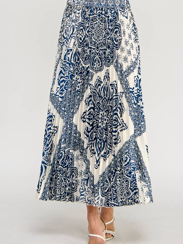 Ellison - Wholesale Skirt - Women's - TS-10222-6 PRINTED PLEATED MIDI SKIRT IVORY/BLUE