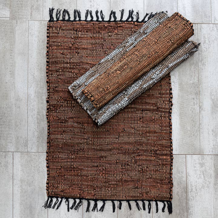 Fringe Leather Rectangle Rugs, Assorted 3 for wholesale by India Handicrafts Inc