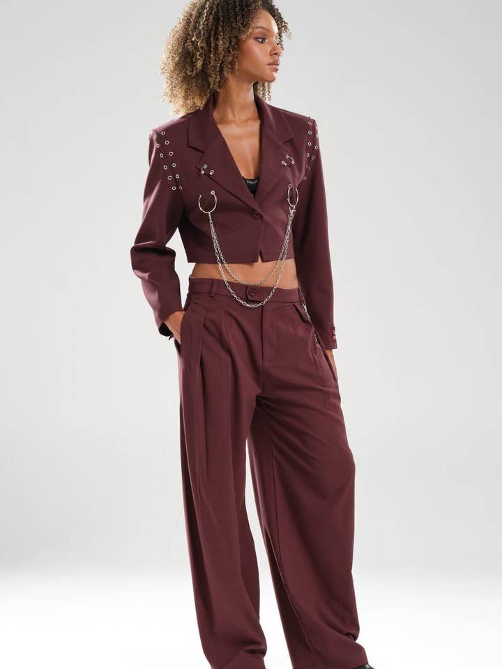 Ensemble Blazer Court Bourgogne et Pantalon Large – Designer pour la vente par DesignofBoho